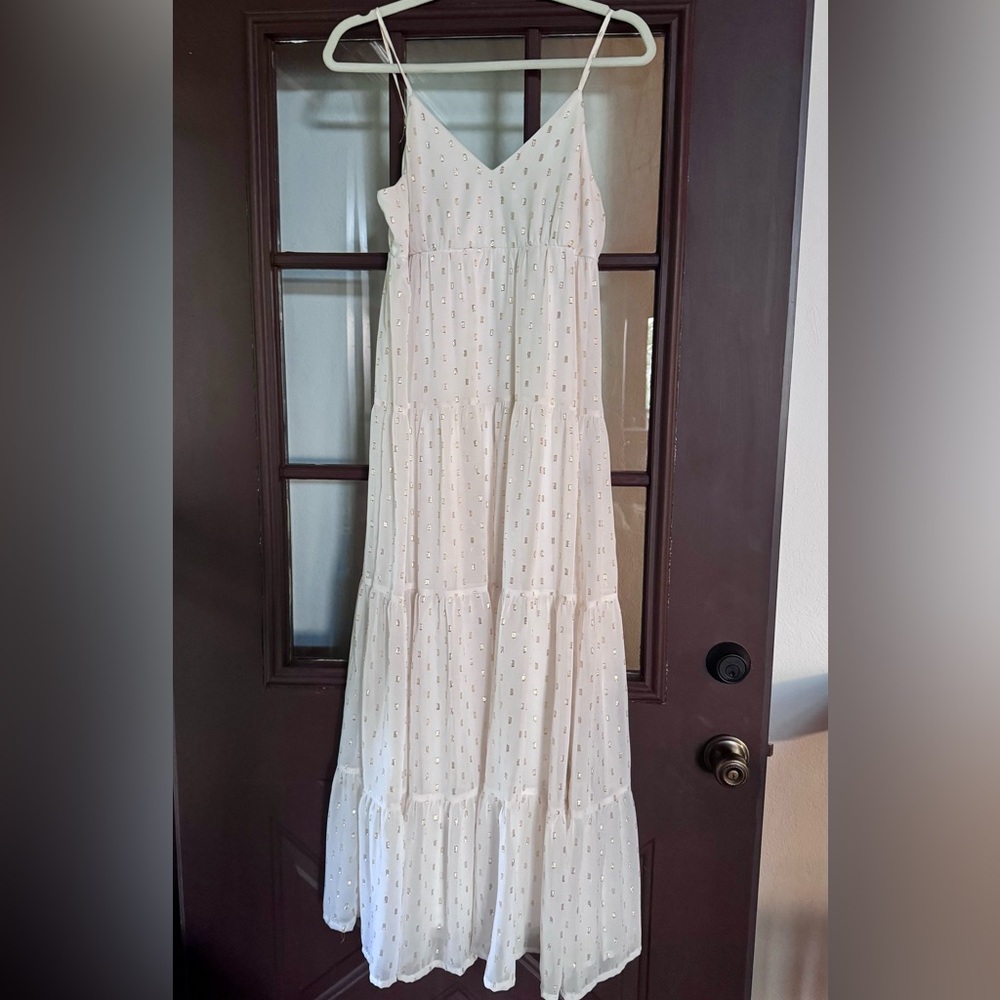 Express White Metallic Gold Flowy Maxi Dress - Picture 3 of 12